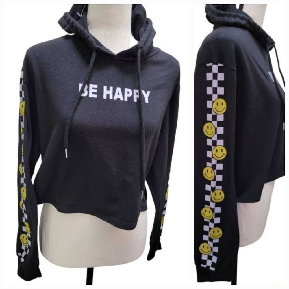 Posh Posh Juniors Cropped Hooded Sweatshirt Be Happy Smiley Faces Checkered Sz L